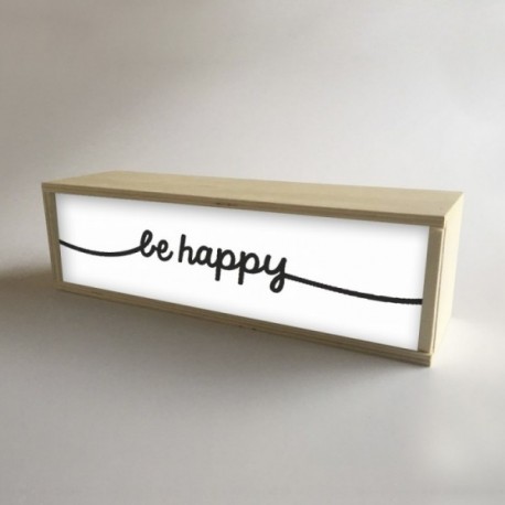 Caja de Luz Decorativa en madera y Blanco con mensaje "be happy" de 32x9,5cm (fondo 9,5cm)