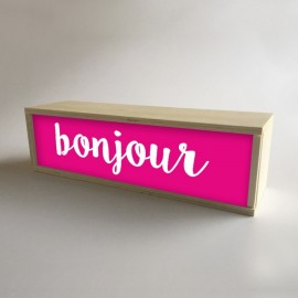 Design iluminado da caixa de madeira no fundoFucsia com mensagem "bonjour" de 32x9,5 cm (fundo de 9,5cm)