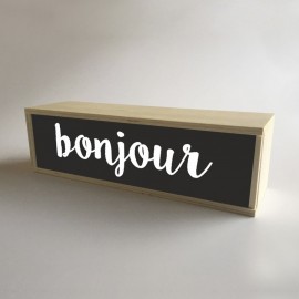 Design iluminado da caixa de madeira no fundoNegro com 32x9,5cm mensagem "bonjour" (fundo de 9,5cm)