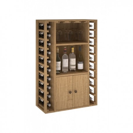 BOTELLERO DE MADEIRA COM PORTAS E SUPORTE PARA COPOS para 20 Garrafas + Licor+9 Copos Pine Light Carvalho GODELLO