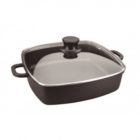 CACEROLA BAJA CUADRADA ALUMINIO FUNDIDO CON TAPA CRISTAL FORTE 28 CM