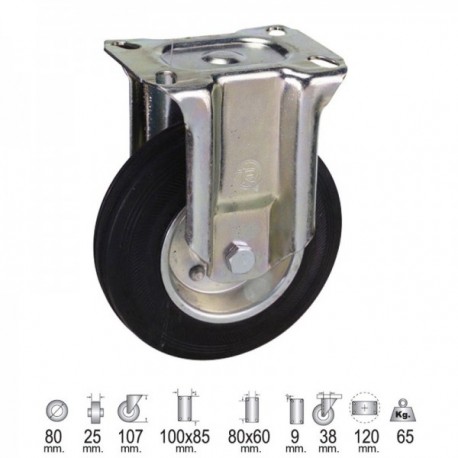 Roda industrial de borracha preta fixa 80 mm.