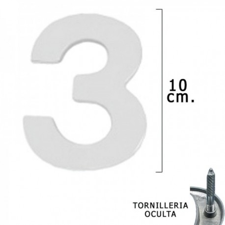 Numero Metal "3" Plateado Mate 10 cm. con Tornilleria Oculta (Blister 1 Pieza)