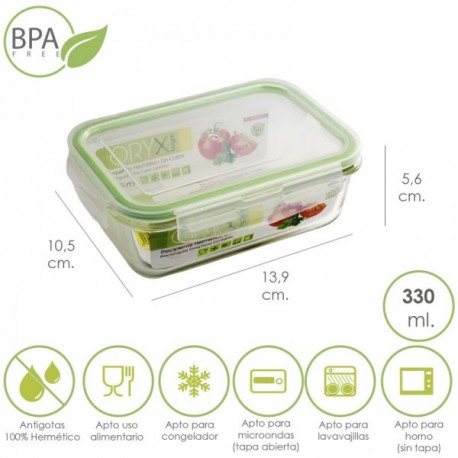 Vidro retangular de recipiente hermético 330 ml. 13,9 x 10,5 x 5,6 (alt) cm.