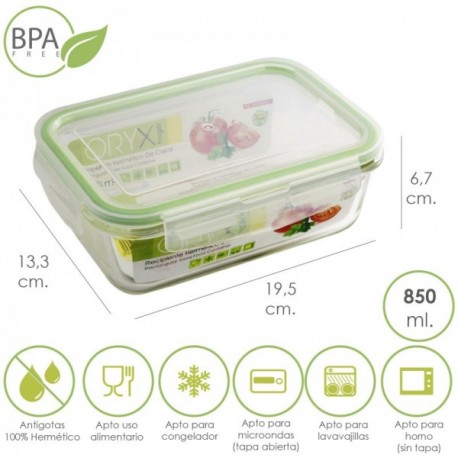 Vidro retangular de recipiente hermético 850 ml. 19,5 x 13,3 x 6,7 (alt) cm.