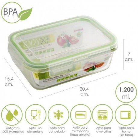 Vidro retangular de recipiente hermético 1200 ml. 20,4 x 15,4 x 7 (alt) cm.