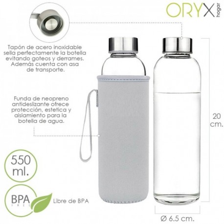 550 ml de garrafa de água de vidro. Tampa de neoprene com alça. Sem BPA
