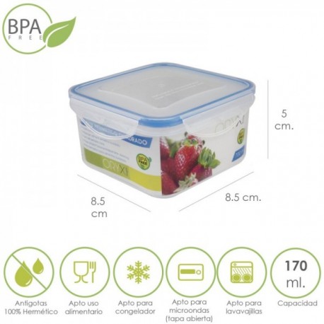 Recipiente hermético de plástico quadrado 170 ml. 8.5x8.5x5 (alt.) CM. Recipiente hermético de plástico quadrado 170 ml. 8.5x8.5x5 (alt.) CM.