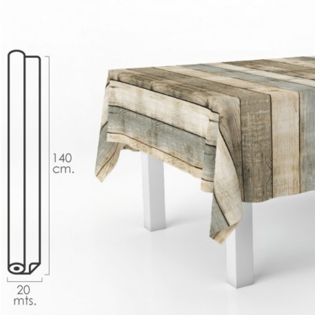 Mantel Hule Rectangular Tablones Madera. Impermeable Antimanchas PVC 140 cm. x 20 metros. Rollo Recortable. Interior y Exterior