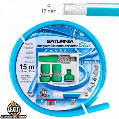 Mangueira tricotada sem torção azul Ø 19 mm. Role 15 metros. Com acessórios, mangueira anti -torção, mangueira sem dobras,