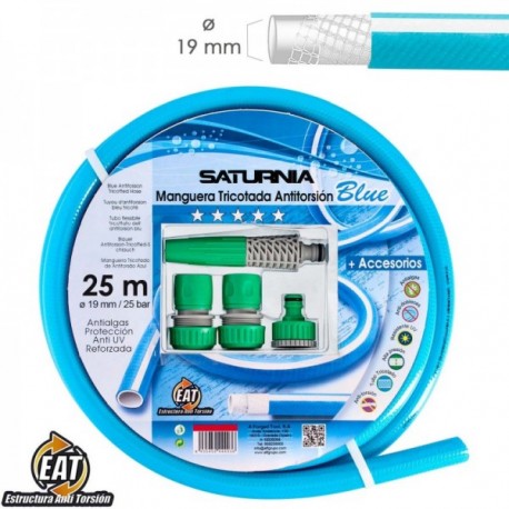 Mangueira tricotada sem torção azul Ø 19 mm. Role 25 metros. Com acessórios, mangueira anti -torção, mangueira sem dobras,