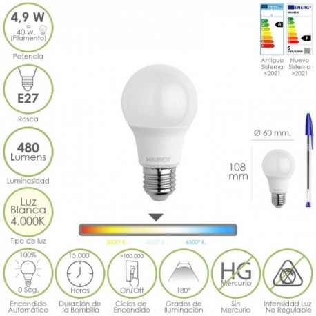 Bulbo LED padrão E27. 4,9 watt. Equivalente a 40 watts. 480 lúmens. Luz branca (4000º K.)