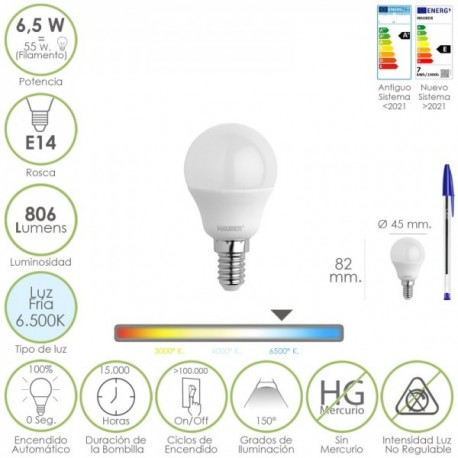 Esfera do fio da lâmpada LED E14. 6,5 watt. Equivalente a 55 watt. 806 Lums. Luz fria 6500º K.