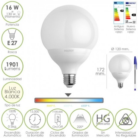 LED BULB GLOBE ROSCA E27. 16 watt. Equivalente a 130 watts. 1901 Lumens. Luz branca (4000º K.)