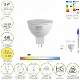 Dicroica LED BULB GU 5.3 / MR16. 5 watt. Equivalente a 40 watts. 405 luxos. Luz quente (3000º K.)