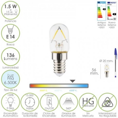 Bulbo LED Frigorífico E14. 1,5 watt. Equivalente a 15 watts. 136 Lums. Cold Luz (6500º K.)