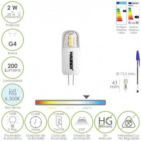Bombilla Led Dicroica Rosca G4. 2 Watt. Equivale A 20 Watt. 200 Lumenes. Luz Fria (6500º K)