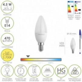 LED BULBE VELA CANHO E14. 4,5 watt. Equivalente a 35 watts. 470 lúmens. Luz quente (2700º K)