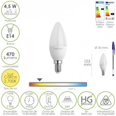 LED BULBE VELA CANHO E14. 4,5 watt. Equivalente a 35 watts. 470 lúmens. Luz quente (2700º K)