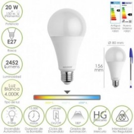 Bulbo LED padrão E27. 20 watt. Equivalente a 150 watts. 2452 lúmens. Luz neutra (4000º K.)