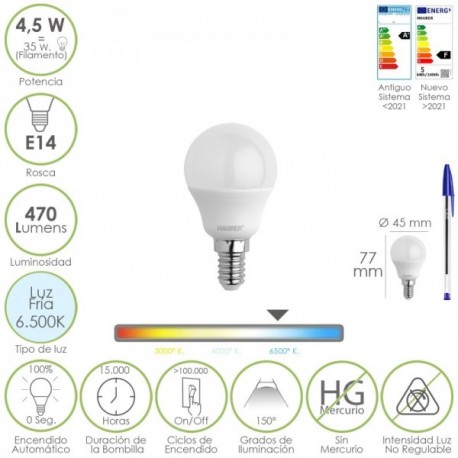 LED BULB FERICA THREAD E14 4,5 WATT. Equivalente a 35 watts. 470 lúmens. Cold Luz (6500º K)