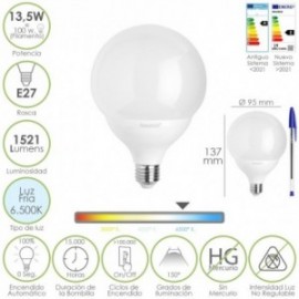 LED BULB GLOBE E27. 13,5 watt. Equivalente a 100 watts. 1521 lúmens. Cold Luz 6500º K.