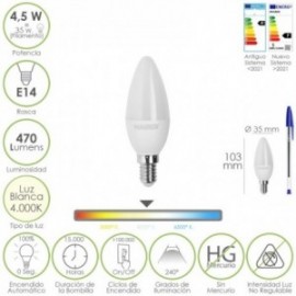LED BULBE VELA CANHO E14. 4,5 watt. Equivalente a 35 watts. 470 lúmens. Luz neutra (4000º K.)