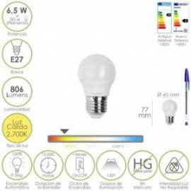 Esfera de thread da lâmpada LED E27. 6,5 watt. Equivalente a 50 watts. 806 Lums. Luz quente 3000 K.