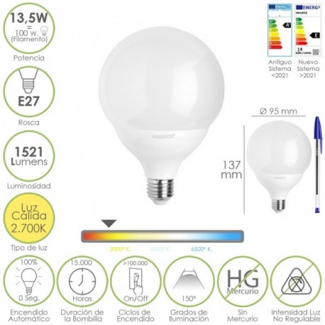 LED BULB GLOBE E27. 13,5 watt. Equivalente a 100 watts. 1521 lúmens. Luz quente 3000 K.