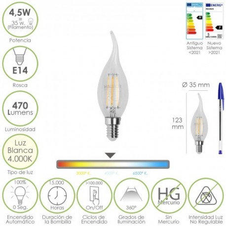 LED BULB FILAMENT VELA CHAMADA E14. 4,5 watt. Equivalente a 35 watts. 470 lúmens. Neutra Light 4000º K.