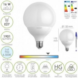 LED BULB GLOBE ROSCA E27. 16 watt. Equivalente a 130 watts. 1901 Lumens. Cold Luz 6500º K.