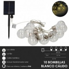 Solar Guirnalda 10 Bulbos / 50 Micro LEDs Calid Luz. Use a bateria recargável IP44 ao ar livre / interior