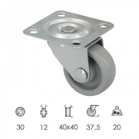 Roda doméstica Ø 30 mm. Com placa de 40x40 mm.