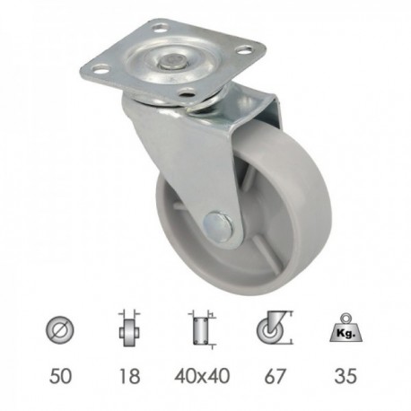 Roda doméstica Ø 50 mm. Com placa de 40x40 mm.