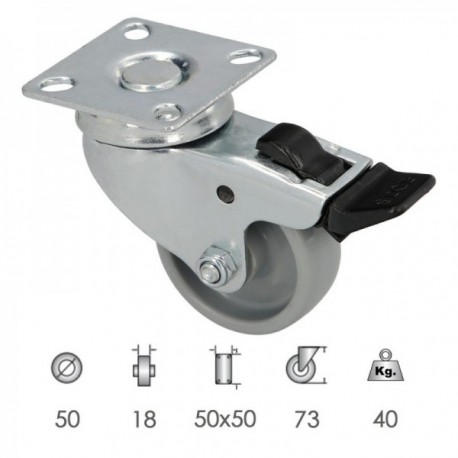 Roda doméstica Ø 50 mm. Com placa de 50x50 mm. Com freio