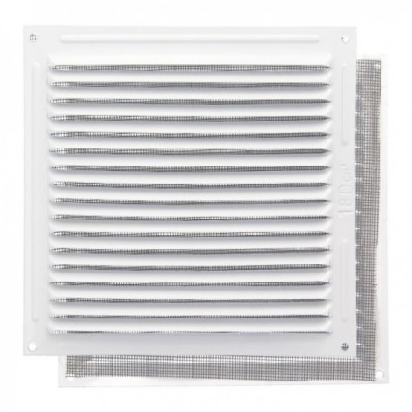 Grade de ventilação de alumínio com rede de mosquito parafusada de 200 x 200 mm. Cor branca
