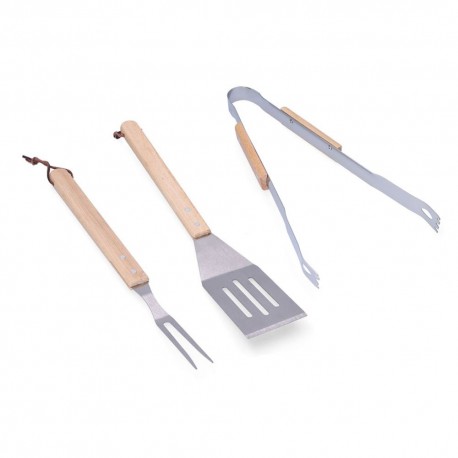 Conjunto de 3 ferramentas para churrasco de carvalho/aço inoxidável