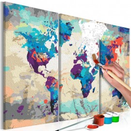 Quadro pintado por você - World Map (Blue & Red) 3 Parts