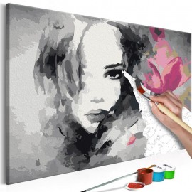 Cuadro para colorear - Retrato en blanco y negro con una flor rosa
